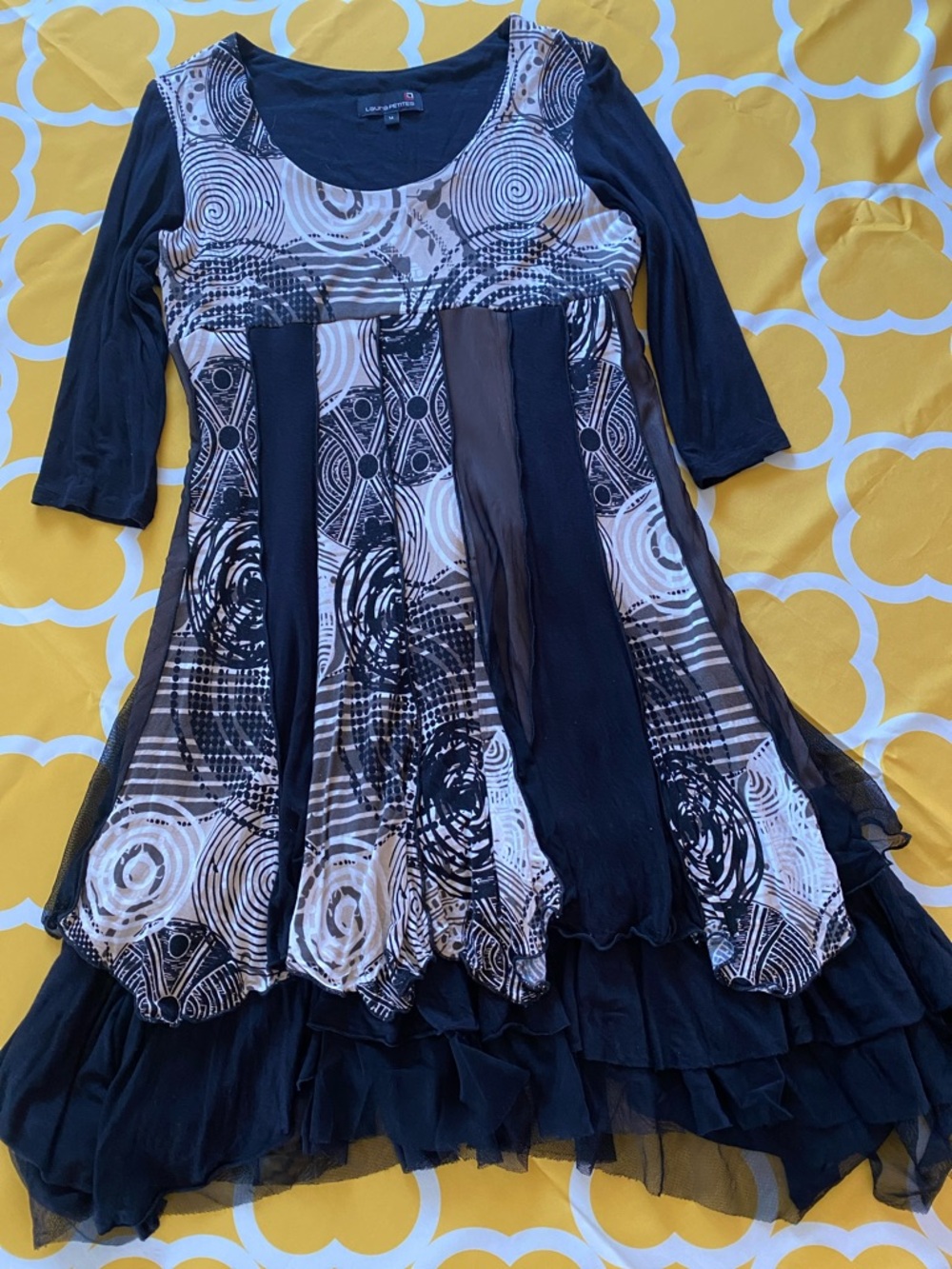 Black & Beige Layered Printed Midi Dress with Scoop Neck